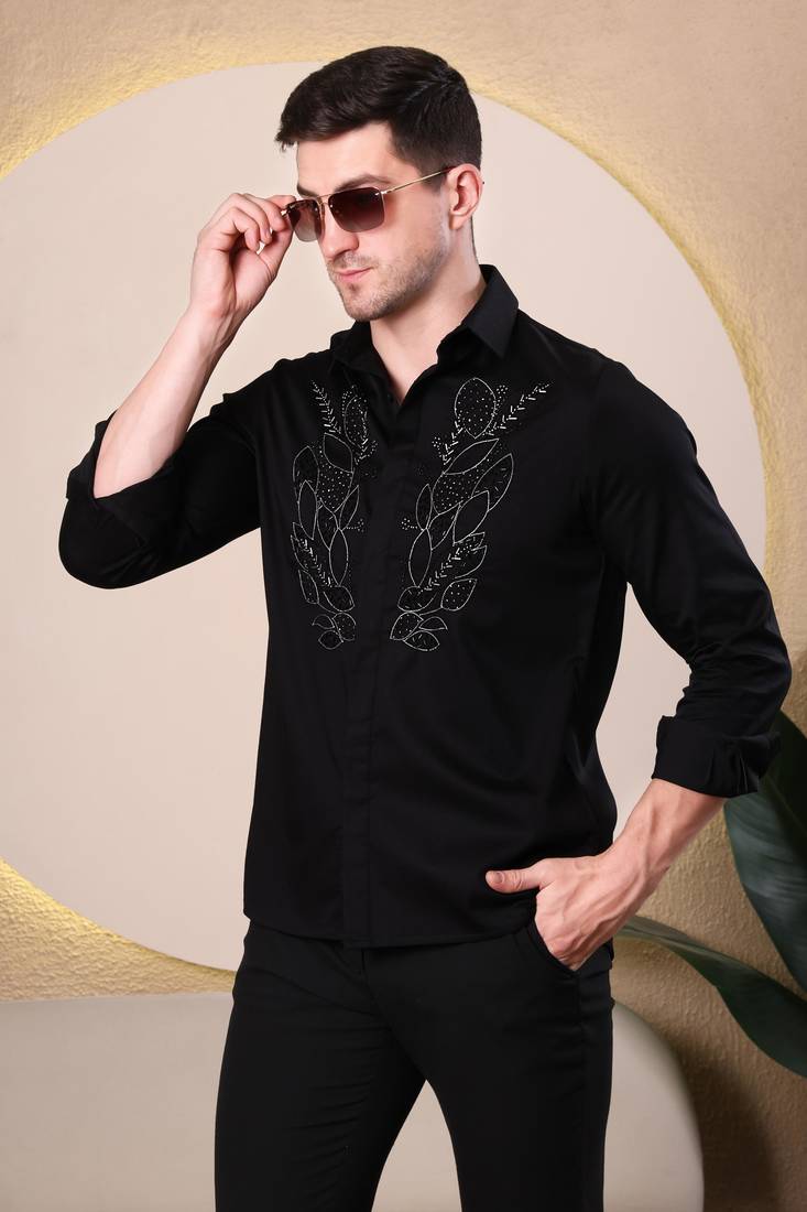 Pier seven hand embroidered cotton blend men's slim fit full sleeve shirt - black (pwy233)