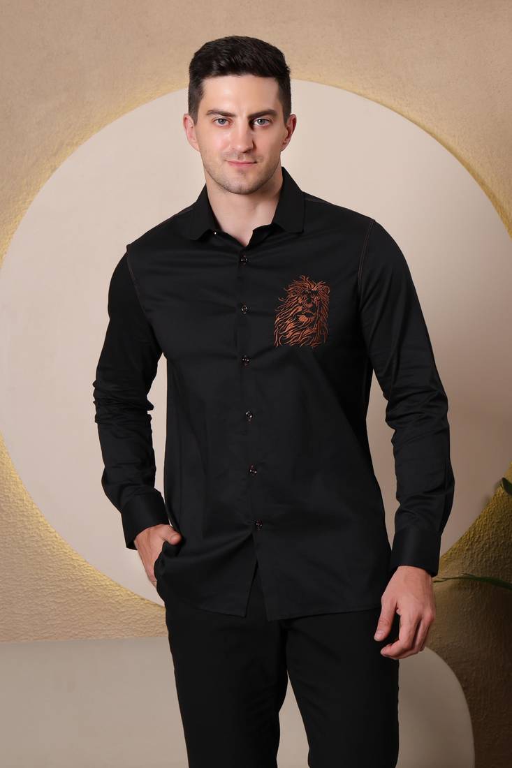 Pier seven embroidered cotton blend men's slim fit full sleeve shirt - black (pwy066)