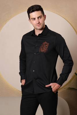 Pier seven embroidered cotton blend men's slim fit full sleeve shirt - black (pwy066) 3