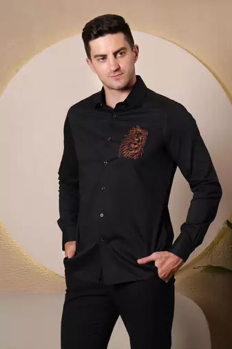 Pier seven embroidered cotton blend men's slim fit full sleeve shirt - black (pwy066)