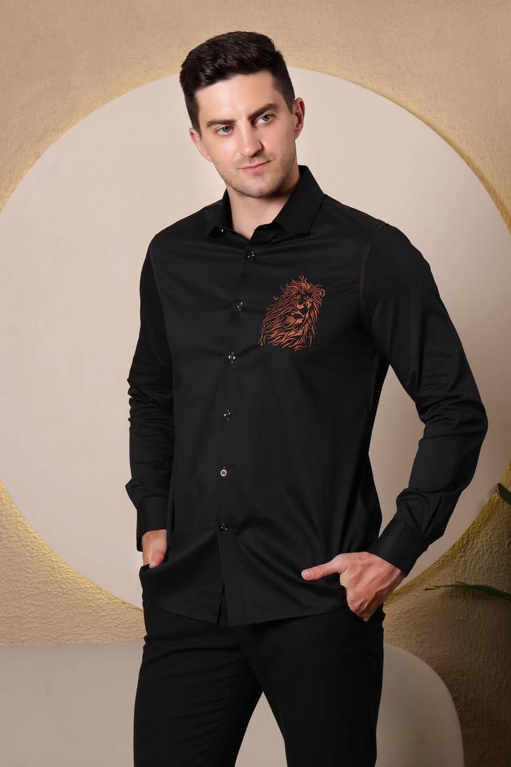 Pier seven embroidered cotton blend men's slim fit full sleeve shirt - black (pwy066)