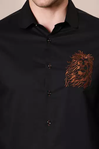 Pier seven embroidered cotton blend men's slim fit full sleeve shirt - black (pwy066)
