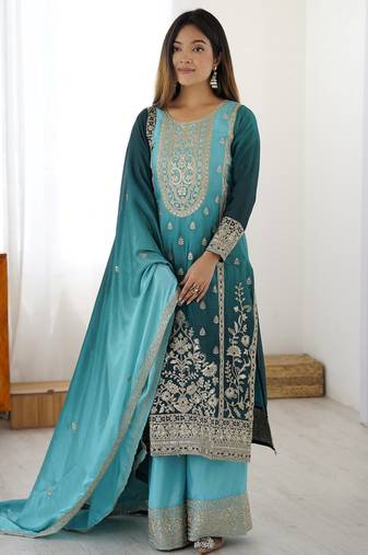 Blue Thread Embroidered Chinon Palazzo Suit