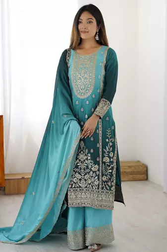 Blue Thread Embroidered Chinon Palazzo Suit