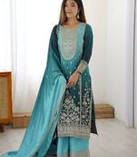 Blue Thread Embroidered Chinon Palazzo Suit