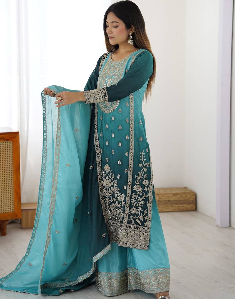 Blue Thread Embroidered Chinon Palazzo Suit