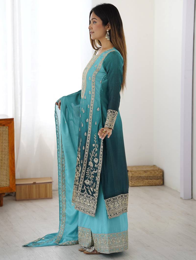 Blue Thread Embroidered Chinon Palazzo Suit