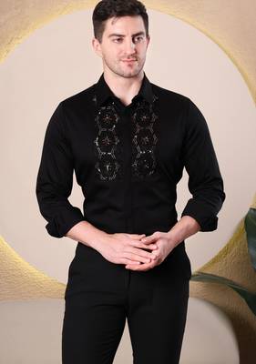 Pier seven hand embroidered cotton blend men's slim fit full sleeve shirt - black (pwe019) 2