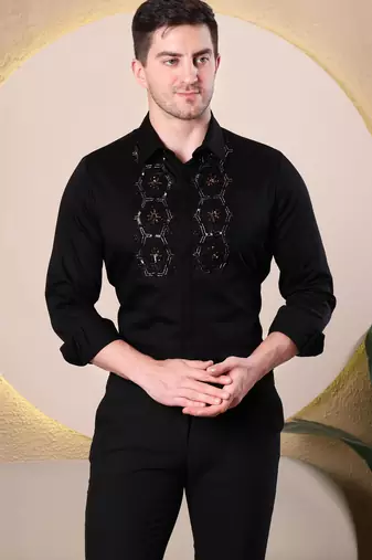 Pier seven hand embroidered cotton blend men's slim fit full sleeve shirt - black (pwe019)
