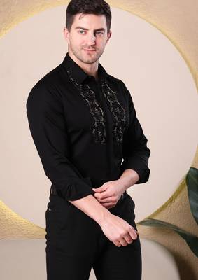 Pier seven hand embroidered cotton blend men's slim fit full sleeve shirt - black (pwe019) 3