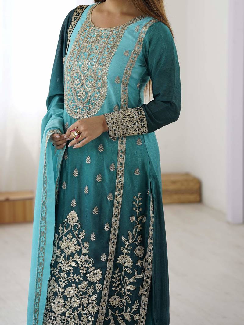 Blue Thread Embroidered Chinon Palazzo Suit
