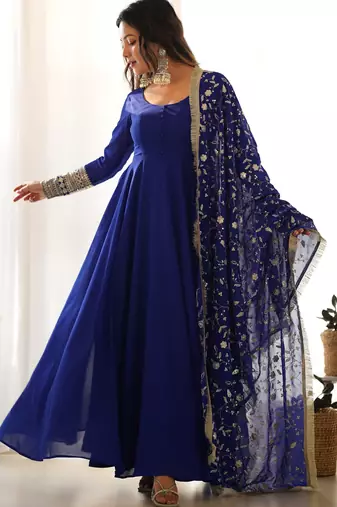 Faux georgette embroidery work navy blue readymade salwar suit