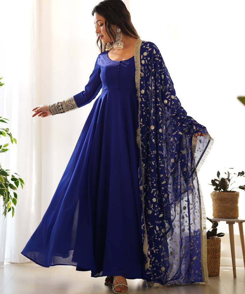 Faux georgette embroidery work navy blue readymade salwar suit