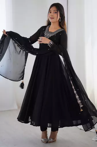 Faux georgette embroidery work black readymade salwar suit
