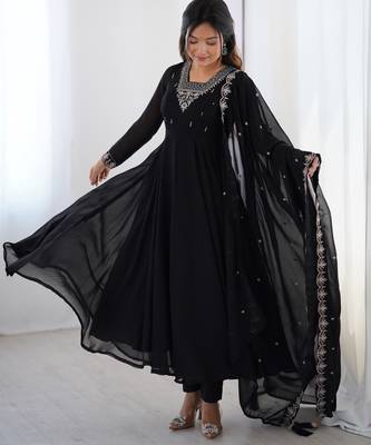 Faux georgette embroidery work black readymade salwar suit 2