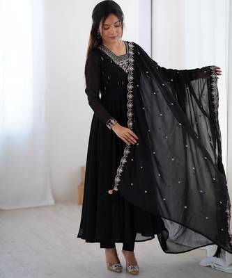 Faux georgette embroidery work black readymade salwar suit 3