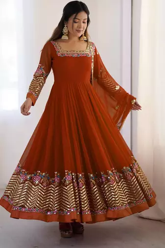 Heavy faux georgette embroidery work rust readymade gown
