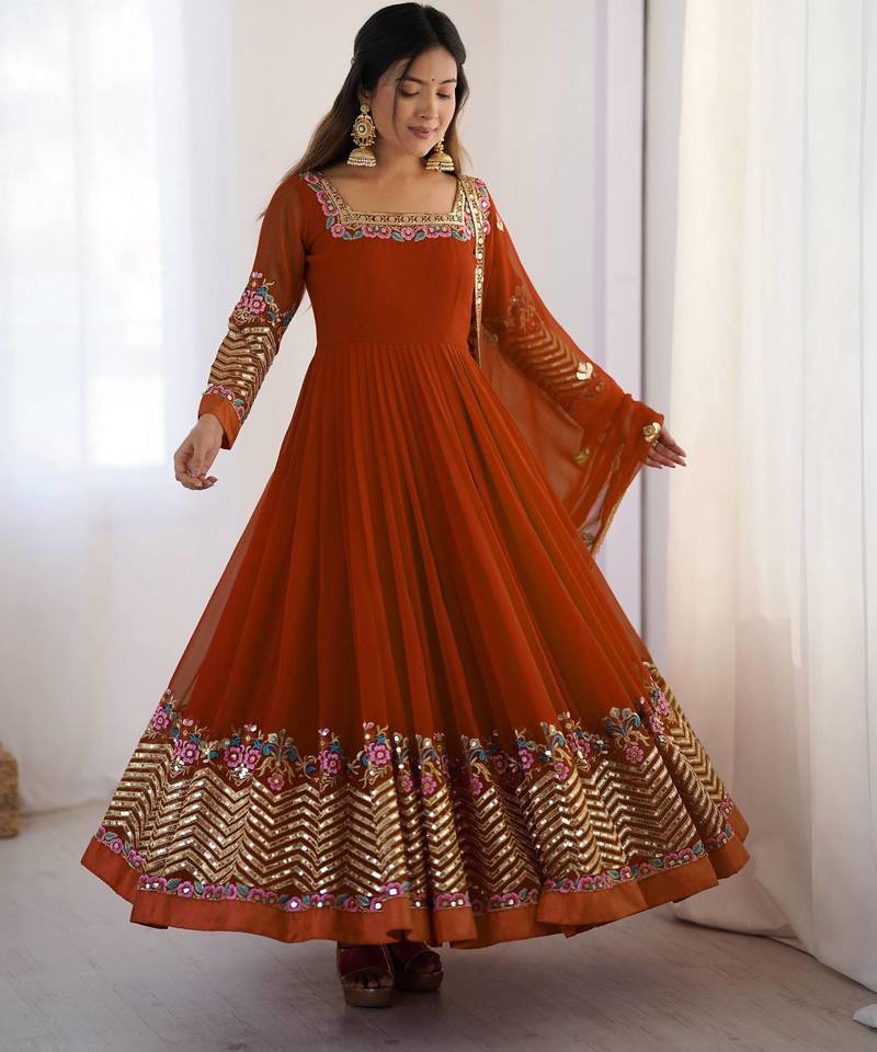 Heavy faux georgette embroidery work rust readymade gown