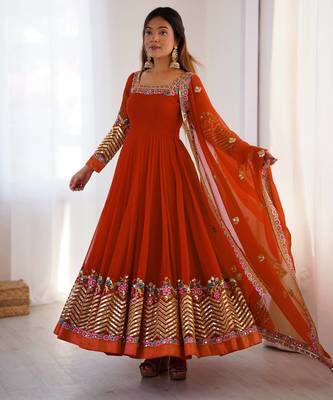 Heavy faux georgette embroidery work rust readymade gown 3