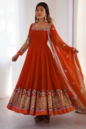 Heavy faux georgette embroidery work rust readymade gown