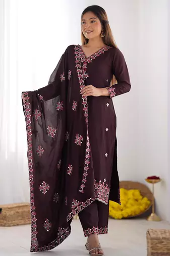 Premium heavy chinon silk embroidery and sequence work wine readymade salwar suit
