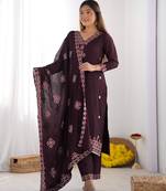 Premium heavy chinon silk embroidery and sequence work wine readymade salwar suit