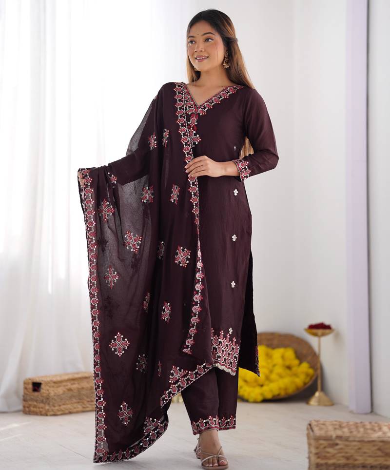 Premium heavy chinon silk embroidery and sequence work wine readymade salwar suit
