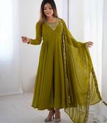 Faux georgette embroidery work mahendi green readymade salwar suit