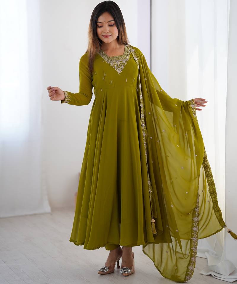 Faux georgette embroidery work mahendi green readymade salwar suit
