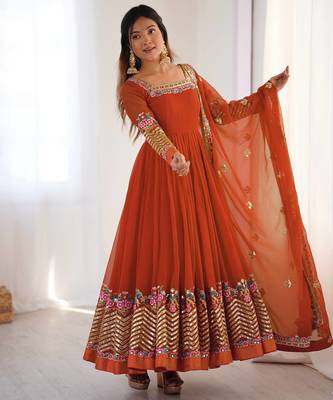Heavy faux georgette embroidery work rust readymade gown 4