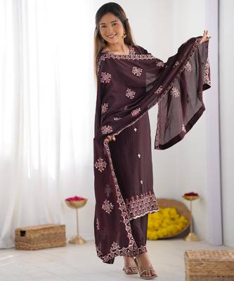 Premium heavy chinon silk embroidery and sequence work wine readymade salwar suit 2