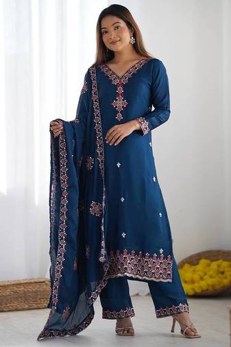 Premium heavy chinon silk embroidery and sequence work teal blue readymade salwar suit