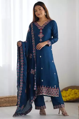 Premium heavy chinon silk embroidery and sequence work teal blue readymade salwar suit
