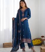 Premium heavy chinon silk embroidery and sequence work teal blue readymade salwar suit