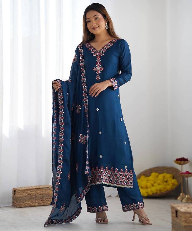 Premium heavy chinon silk embroidery and sequence work teal blue readymade salwar suit