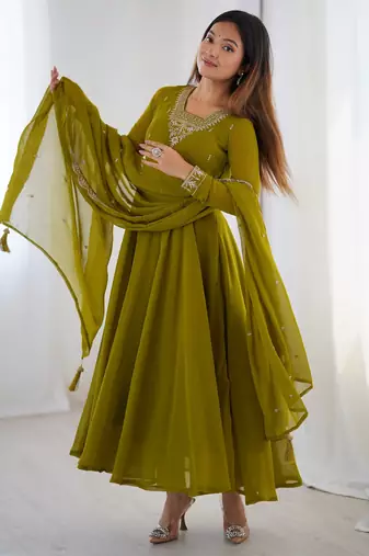 Faux georgette embroidery work mahendi green readymade salwar suit