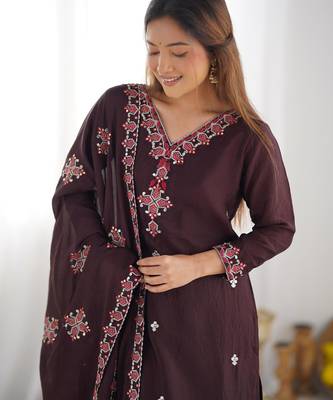 Premium heavy chinon silk embroidery and sequence work wine readymade salwar suit 3