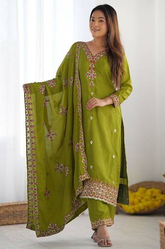Premium heavy chinon silk embroidery and sequence work lemon readymade salwar suit