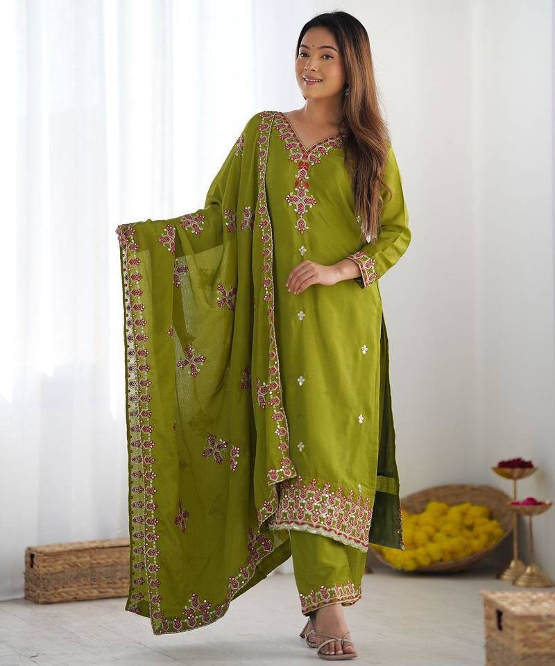 Premium heavy chinon silk embroidery and sequence work lemon readymade salwar suit