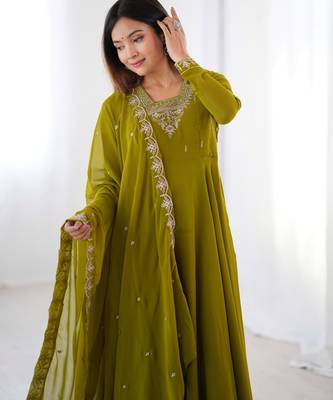 Faux georgette embroidery work mahendi green readymade salwar suit 4