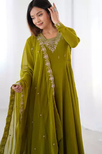 Faux georgette embroidery work mahendi green readymade salwar suit