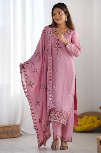 Premium heavy chinon silk embroidery and sequence work pink readymade salwar suit