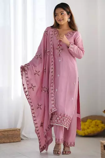 Premium heavy chinon silk embroidery and sequence work pink readymade salwar suit