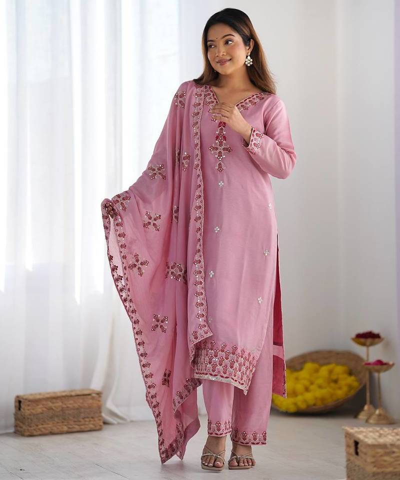 Premium heavy chinon silk embroidery and sequence work pink readymade salwar suit