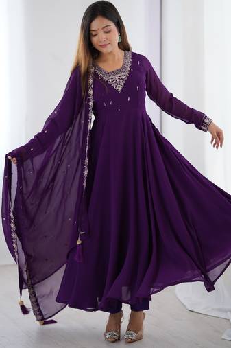 Faux georgette embroidery work purple readymade salwar suit