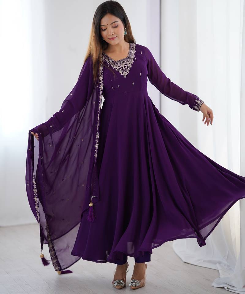 Faux georgette embroidery work purple readymade salwar suit