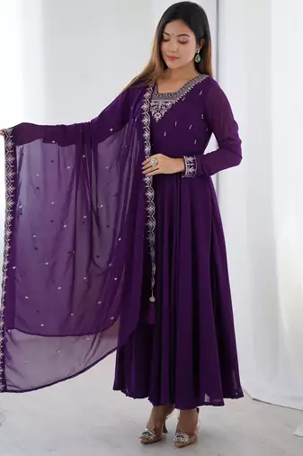 Faux georgette embroidery work purple readymade salwar suit