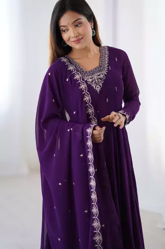 Faux georgette embroidery work purple readymade salwar suit