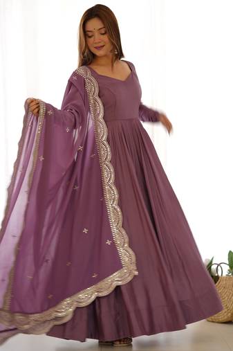 Premium chanderi silk emroidery sequence   work lavender readymade salwar suit