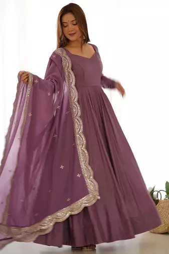Premium chanderi silk emroidery sequence   work lavender readymade salwar suit